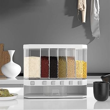 ECVV Multiple Dispenser For Grains & Cereals - Dry Food Dispenser, One-Click Output Food Containers, 6 Grid Cereal Dispenser, Rice Dispenser Kitchen Storage for Rice, Beans, Grains