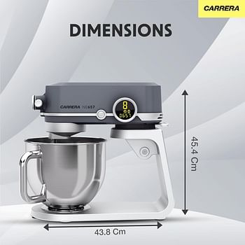 Carrera (Designed In Germany) Stand Mixer No 657, 800-Watt Kitchen Food Mixer With 8 Speed Settings, Dough Hook, Flat Beater, Whisk, Stainless Steel Mixing Bowl (5L), Splash Guard With Funnel – Silver