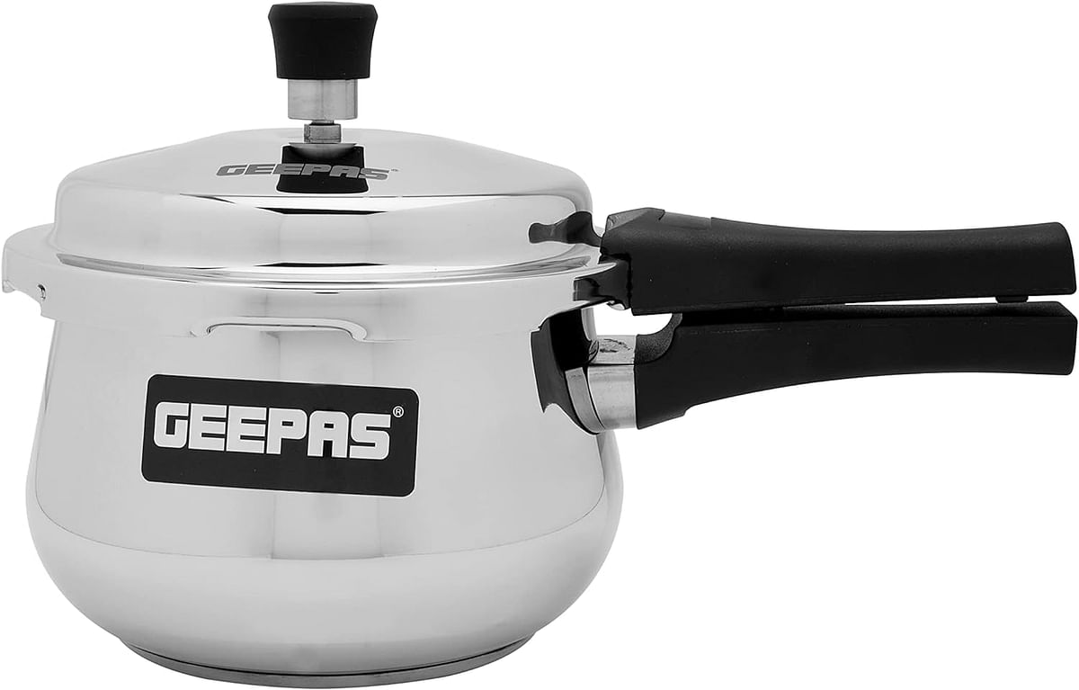 Geepas 5L Stainless Steel Pressure Cooker Lightweight & Durable Cooker with Lid Cool Touch Handle & Safety Valves Perfect for Boil Steam, Braise, Stew & Roast - Silver