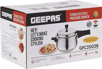 Geepas 5L Stainless Steel Pressure Cooker Lightweight & Durable Cooker with Lid Cool Touch Handle & Safety Valves Perfect for Boil Steam, Braise, Stew & Roast - Silver