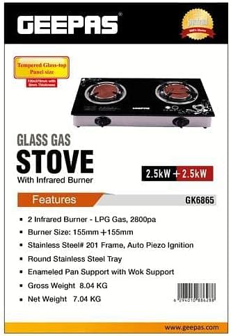 Geepas GK6865 Tempered Glass Doble Burner Gas Cooker, Black