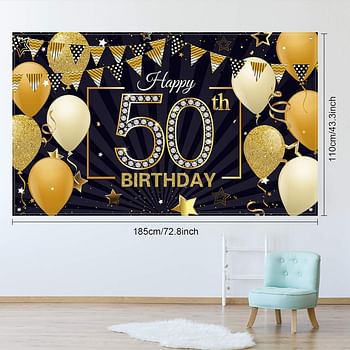 Happy 50th Birthday Backdrop Large Fabric Black Gold 50th Anniversary Birthday Sign Banner Photo Booth Photography Background with Rope for Men Women 50th Birthday Party Decorations, 72.8 x 43.3 Inch