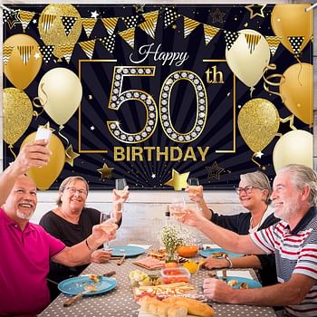 Happy 50th Birthday Backdrop Large Fabric Black Gold 50th Anniversary Birthday Sign Banner Photo Booth Photography Background with Rope for Men Women 50th Birthday Party Decorations, 72.8 x 43.3 Inch