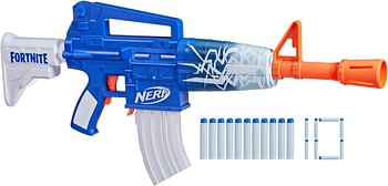 Nerf Fortnite Blue Shock Blaster, 10-Dart Clip, 10 Elite Nerf Darts, Includes Bonus Code To Unlock The Beat Wrap in the Game, Motorized Dart Blaster