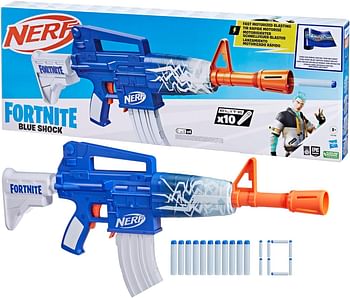 Nerf Fortnite Blue Shock Blaster, 10-Dart Clip, 10 Elite Nerf Darts, Includes Bonus Code To Unlock The Beat Wrap in the Game, Motorized Dart Blaster