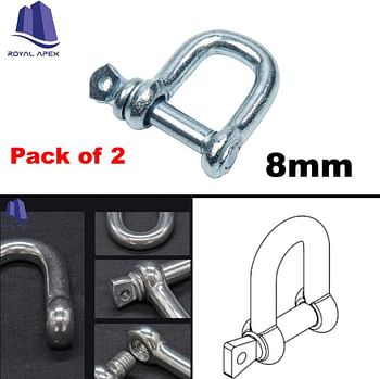 Royal Apex Galvanized Iron (GI) D Ring Shackle Lock, Shackle Hook Clip for Heavy Duty Construction, Chain Link Tow, Marine Shackles, Gym Hook and Vehicle Recovery & DIY Projects… (Pack of 2, 8mm)