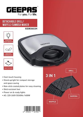 Geepas 1400W 3 In 1 Slice Sandwich Maker Portable Non Stick Plate Grill, Samosa Handle Locking System With Indicator Lights Overheat Protection, Silver, Ggm36534