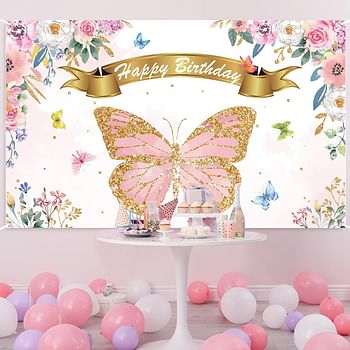 Butterfly Birthday Party Backdrop Decorations Butterfly Spring Theme Party Background Banner Signs Favor Supplies for Toddler’ Birthday Baby Girl Shower,Pink Photo Booth Props,71’’ x 43’’