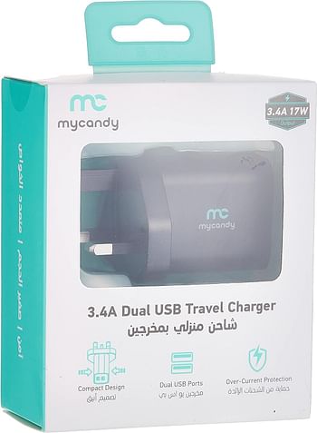 Mycandy 3.4A Dual USB Travel Charger, Black