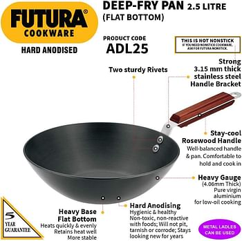 Hawkins Futura 2.5 Litre Deep Fry Pan, Long Handle Hard Anodised Kadai, Flat Bottom Kadhai, Black (ADL25)