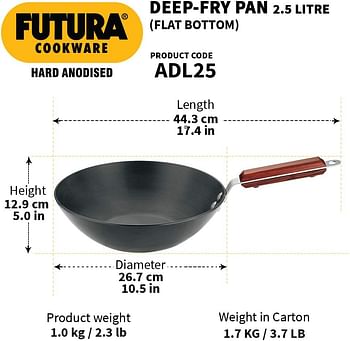 Hawkins Futura 2.5 Litre Deep Fry Pan, Long Handle Hard Anodised Kadai, Flat Bottom Kadhai, Black (ADL25)