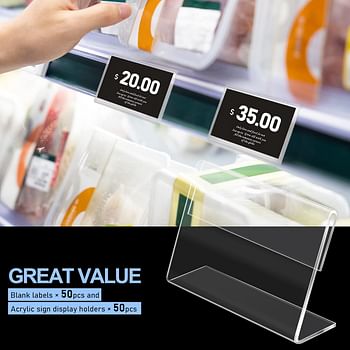 Billioteam 50 PCS Mini Clear Acrylic Sign Display Holder with Blank Labels,Horizontal Slanted L-Shape Name Card Price Tag Label Counter Top Stand(80mm x 50mm)