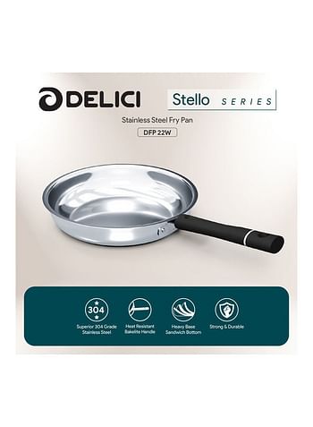 DELICI Stainless Steel Kadai Pan 22cm (DKP 22W) Well Polished Exterior Healthy Non-Stick Interior Easy to Clean Silver 22cm