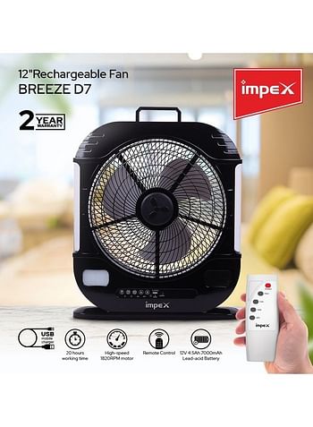 Impex 3-Blade Rechargeable Fan With LED Light Lamp Breeze D7 Black