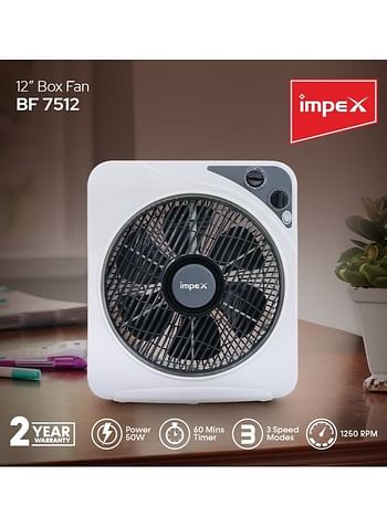 Impex 12 Inch Box Fan BF 7512 Powerful Cooling With 3 Speed Modes, Timer, Child Safety Grill, Copper Motor BF 7512 White