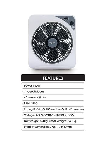 Impex 12 Inch Box Fan BF 7512 Powerful Cooling With 3 Speed Modes, Timer, Child Safety Grill, Copper Motor BF 7512 White