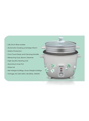 Impex Electric Rice Cooker With Automatic Cooking, Keep Warm, Safety Protection, And Steamer - Easy to Use, Convenient, Durable 2.8 L 1000 W RC 2804 White