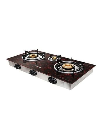 Impex 3 Burner Glass Top Gas Stove with FFD - Quality Pan Support, Brass Burners, Spill Tray, Auto Ignition, Toughened Glass, Flame Failure Device, Blue Flame, Ergonomic Knobs IGS 1213F Black/Red/Silver