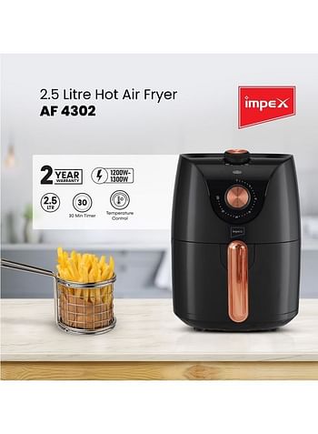 Impex Air Fryer With Adjustable Temperature Control, Overheating Protection And Cool Touch Handle 2.5 L 1300.0 W AF 4302 Black/Brown