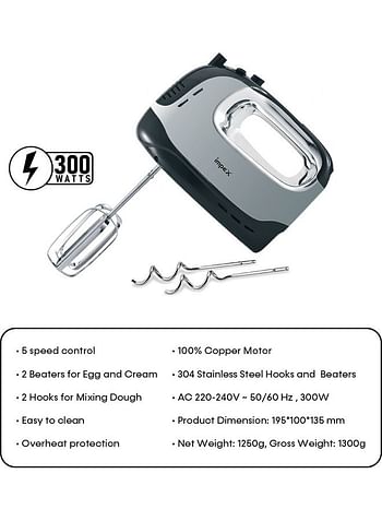 Impex 5-Speed Control With Turbo Function Hand Mixer 300 W HM 3301 Black/Silver