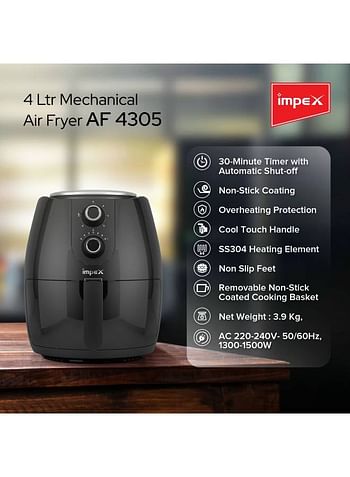 Impex Mechanical Air Fryer With Non-Stick Coating, Cool Touch Handle And Overheating Protection 4 L 1500 W AF 4305 Black/Gray