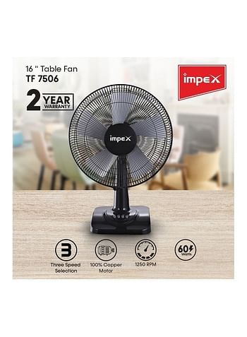 Impex 16 Inch Table Fan With 3 Speed Control, 100% Copper Motor, Powerful Silent Motor - Strong Air Flow, Stable Base, And Durable Blades TF 7506 Black