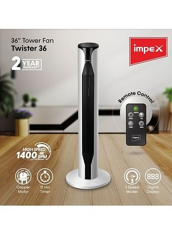 Impex Tower Fan With Remote Control, Touch Panel, 3 Speed Control, 3 Modes, 12 Hours Timer, 100% Copper Motor And Large Airflow - Sleep Peacefully TWISTER 36 Black And White