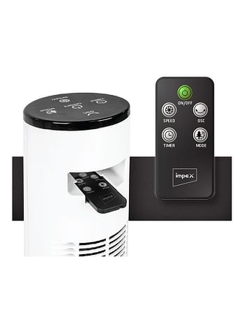 Impex Tower Fan With Remote Control, Touch Panel, 3 Speed Control, 3 Modes, 12 Hours Timer, 100% Copper Motor And Large Airflow - Sleep Peacefully TWISTER 36 Black And White