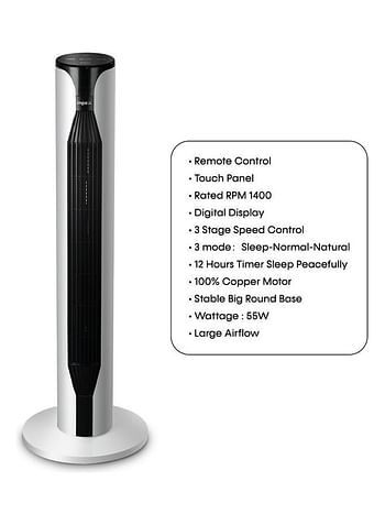 Impex Tower Fan With Remote Control, Touch Panel, 3 Speed Control, 3 Modes, 12 Hours Timer, 100% Copper Motor And Large Airflow - Sleep Peacefully TWISTER 36 Black And White