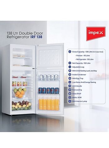 Impex Double Door Refrigerator 138 Liter 4.6 Cu. Ft, Freezer, Adjustable Legs, Safety Lock, Low Noise, Energy Saving, Glass Shelf, Interior Lamp IRF 138 White