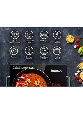 Impex Infrared Cooktop-Touch & Knob Control, Micro Crystal Plate, 4-Digit LED Display, 4-Hour Timer, 8 Power Levels, Various Temperature Levels, Compatible with All Cookware 2000.0 W IR 2703 Black