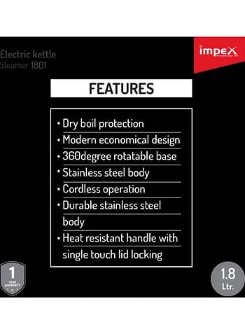 إمبكس غلاية كهربائية بالبخار سعة 1.8 لتر وقدرة 1500.0 وات STEAMER1801 فضي