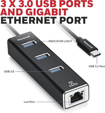 Honeywell 4-in-1 Type C 3.1 to USB 3.0 with RJ45 Gigabit Ethernet Adapter, 5GBPS Transfer Speed, 3x3.0 USB Ports, 1Gbps Bandwidth, Universally Compatible with Type C MacBooks, laptops, PCs, Tablets