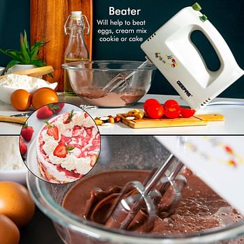 Geepas 250W stand Mixer with Stand & Bowl - 5 Speed Controls with Detachable Stainless-Steel 2 Beater & 2 Dough Hooks |Ideal for Whipping, Blending & Beating