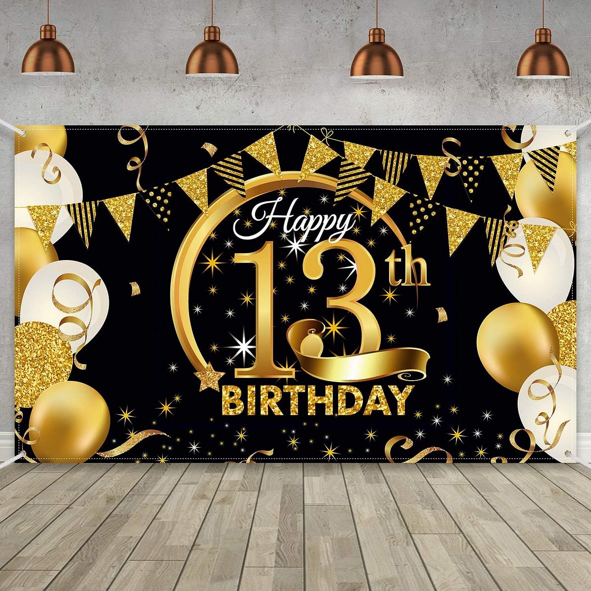 Birthday Party Decoration Extra Large Fabric Black Gold Sign Poster for Anniversary Photo Booth Backdrop Background Banner, Supplies, 72.8 x 43.3 Inch (13th)