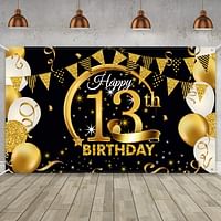 Birthday Party Decoration Extra Large Fabric Black Gold Sign Poster for Anniversary Photo Booth Backdrop Background Banner, Supplies, 72.8 x 43.3 Inch (13th)