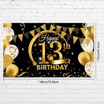 Birthday Party Decoration Extra Large Fabric Black Gold Sign Poster for Anniversary Photo Booth Backdrop Background Banner, Supplies, 72.8 x 43.3 Inch (13th)