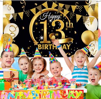 Birthday Party Decoration Extra Large Fabric Black Gold Sign Poster for Anniversary Photo Booth Backdrop Background Banner, Supplies, 72.8 x 43.3 Inch (13th)