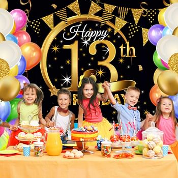 Birthday Party Decoration Extra Large Fabric Black Gold Sign Poster for Anniversary Photo Booth Backdrop Background Banner, Supplies, 72.8 x 43.3 Inch (13th)