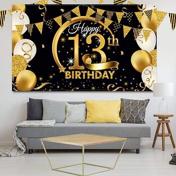 Birthday Party Decoration Extra Large Fabric Black Gold Sign Poster for Anniversary Photo Booth Backdrop Background Banner, Supplies, 72.8 x 43.3 Inch (13th)