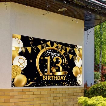 Birthday Party Decoration Extra Large Fabric Black Gold Sign Poster for Anniversary Photo Booth Backdrop Background Banner, Supplies, 72.8 x 43.3 Inch (13th)