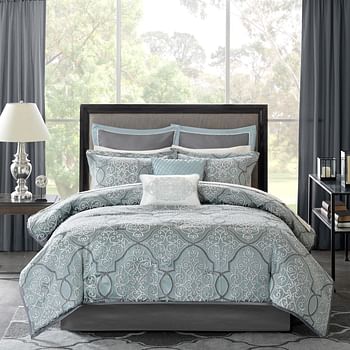 Madison Park Lavine Cozy Bed in a Bag Comforter Set, Traditional Luxe Jacquard Design All Season Down Alternative Bedding with Cotton Bed Sheets, Bed Skirt & Pillows, King Blue 12 Piece