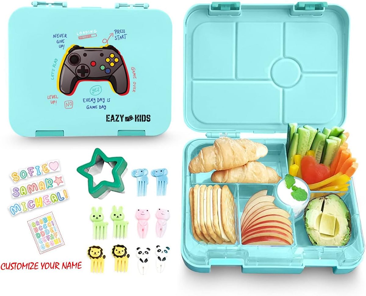 Eazy Kids 6 Compartment Bento Lunch Box w/Sandwich Cutter Set Playstation Green, 4 Compartment