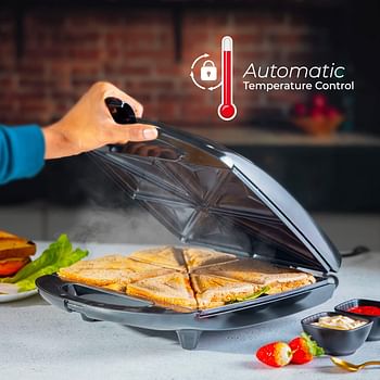 Geepas GST5391_ 1100W 4 Slice Sandwich Maker- Cool Touch Handle, Automatic Temperature Control and Non-Stick Plate - Breakfast Sandwiches & Cheese Snack