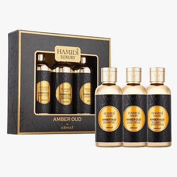 Hamidi Luxury Amber Oud by Armaf, 3 Pieces Gift Set For Men & Women, Shower Gel 95ml, Body Lotion 95ml, Shampoo & Conditioner 2 in 1 95ml | Alcohol Free | Hair & Skin Care Product |