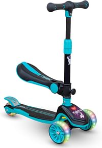 MOON Xplora-Baby/Kids 3 Wheel Scooter Outdoor & Sports Scooter Toy with Seat LED Light Up Wheels Height Adjustable Handle Suitable from 3Years+ Holds Upto 50Kg Blue and black.