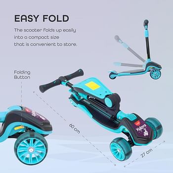 MOON Xplora-Baby/Kids 3 Wheel Scooter Outdoor & Sports Scooter Toy with Seat LED Light Up Wheels Height Adjustable Handle Suitable from 3Years+ Holds Upto 50Kg Blue and black.