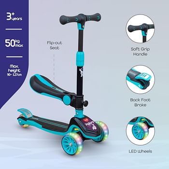 MOON Xplora-Baby/Kids 3 Wheel Scooter Outdoor & Sports Scooter Toy with Seat LED Light Up Wheels Height Adjustable Handle Suitable from 3Years+ Holds Upto 50Kg Blue and black.