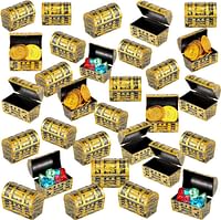 32 Pieces Halloween Pirate Treasure Chests 2.3 Inch Plastic mini Treasure Chests with a Gold Finish Vintage Pirate Jewelry Box Games Toy Set Party Favors Supplies for Boys Girls Party