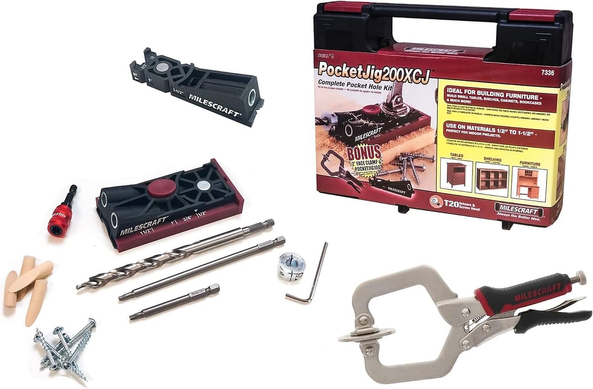 Milescraft 7336 Pocket Jig 200XCJ - Pocket Hole Bundle with Double Barrel Pocket Hole Jig, Single Barrel Pocket Hole jig, 2" Face Clamp, and Accessories Needed with Any Pocket Hole Project